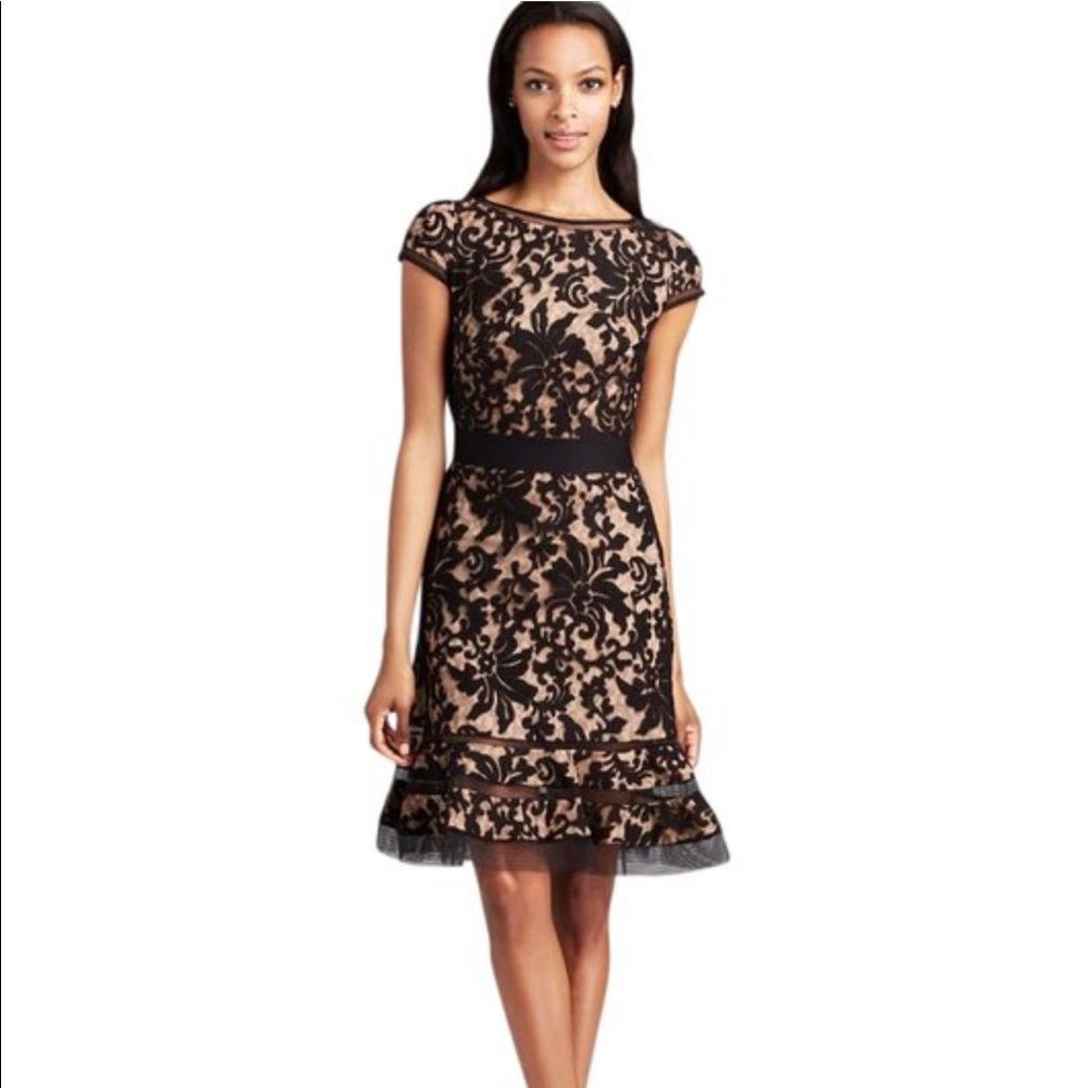 Tadashi Shoji black lace cap-sleeve cocktail dress